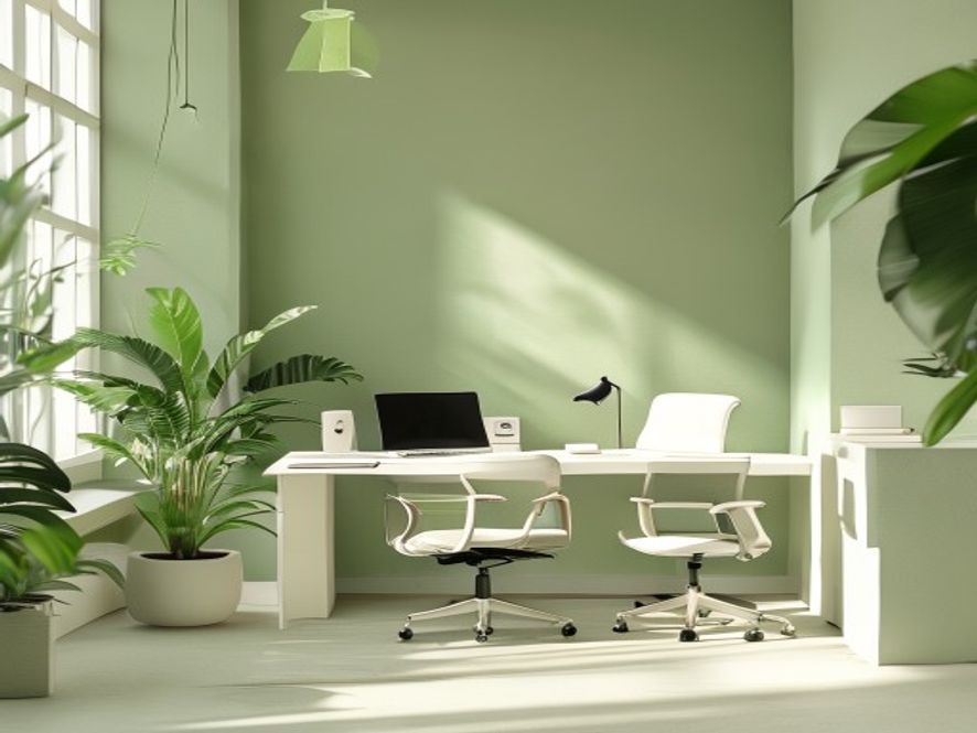Bright, minimalist office corner with a desk, chair, phone, and plants, welcoming communication space