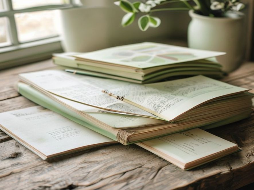 Stack of printed guides and notebooks on a wooden table with a pen, educational materials arrangement