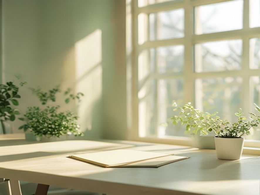 Bright morning workspace with natural light streaming through large windows, empty minimalist desk