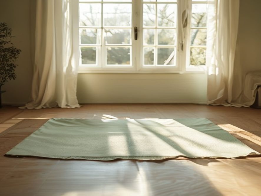 Sunlit bedroom window at dawn with an unfurled yoga mat and simple stretching space, peaceful morning light