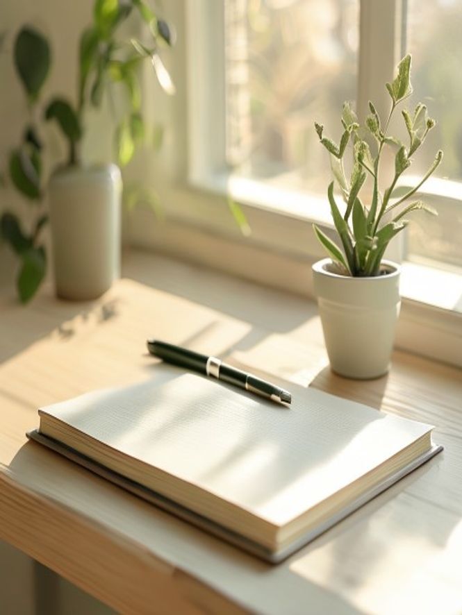 Notebook and pen on a light wooden desk with a plant in soft morning light, organised workspace for planning